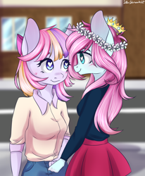 Size: 1400x1700 | Tagged: safe, artist:silbersternenlicht, oc, oc only, anthro, earth pony, anthro oc, clothes, crown, female, floral head wreath, flower, heart, heart eyes, jewelry, lesbian, looking at each other, mare, multicolored hair, regalia, shirt, skirt, smiling, wingding eyes