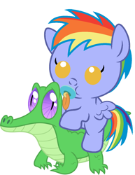 Size: 786x1017 | Tagged: safe, artist:red4567, gummy, rainbow blaze, pony, baby, baby pony, cute, pacifier, ponies riding gators, riding