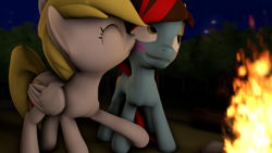 Size: 3840x2160 | Tagged: safe, artist:fiopon, oc, oc only, oc:angel rose, oc:fiopon, 3d, blushing, campfire, fire, gay, holding hooves, kiss on the cheek, kissing, log, male, night, outdoors, source filmmaker