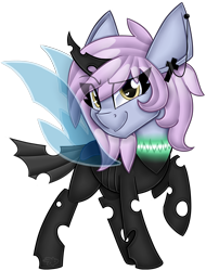 Size: 3033x4000 | Tagged: safe, artist:partylikeanartist, oc, oc only, oc:windy spirit, changeling, absurd resolution, changeling oc, ear piercing, earring, jewelry, looking at you, piercing, raised hoof, simple background, smiling, smirk, solo, transformation, transparent background, transparent wings, wingding eyes