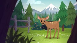 Size: 1280x720 | Tagged: safe, screencap, deer, equestria girls, legend of everfree, animal, fawn, fence, forest, pine tree, tree