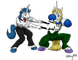 Size: 1024x781 | Tagged: safe, artist:witkacy1994, fancypants, prince blueblood, anthro, unguligrade anthro, crossover, dudley, eagle (street fighter), simple background, street fighter, transparent background