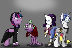 Size: 1280x850 | Tagged: safe, artist:stuflox, derpibooru import, fancypants, rarity, spike, twilight sparkle, twilight sparkle (alicorn), alicorn, dragon, pony, unicorn, 15th century, captain, clothes, crossover, dress, esmeralda, frollo, hunchback of notre dame, middle ages, phoebus, quasimodo, sword, weapon