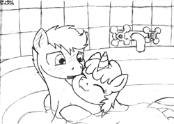 Size: 1150x821 | Tagged: safe, artist:merkleythedrunken, dinky hooves, scootaloo, scooteroll, bathtub, dinkyloo, monochrome, rule 63, sketch, snuggling