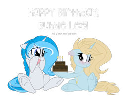 Size: 2400x1895 | Tagged: safe, artist:kellythedrawinguni, oc, oc only, oc:bubble lee, pony, unicorn, cake, cute, duo, duo female, female, food, gift art, happy birthday, mare, ocbetes, simple background, sitting, smiling, transparent background