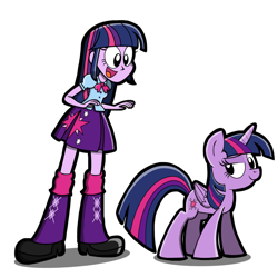 Size: 1024x1025 | Tagged: safe, artist:kingtoby19, twilight sparkle, twilight sparkle (alicorn), alicorn, equestria girls, clothes, cute, duo, human ponidox, leg warmers, pleated skirt, self ponidox, shoes, simple background, skirt, transparent background