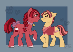 Size: 1200x864 | Tagged: safe, artist:broohan, oc, oc only, oc:red velvet, oc:rv, earth pony, pony, bow, choker, female, male, mare, oc x oc, raised hoof, shipping, stallion, straight, tail bow