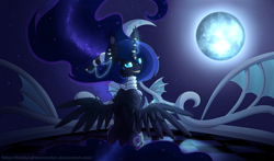 Size: 1700x1000 | Tagged: safe, artist:thebluedreammaker, nightmare moon, both cutie marks, grin, horn jewelry, jewelry, looking back, moon, sitting, smiling, solo, spread wings, stars