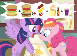 Size: 1020x750 | Tagged: safe, artist:dm29, derpibooru import, pinkie pie, twilight sparkle, twilight sparkle (alicorn), alicorn, earth pony, pony, bits, burger, fast food, food, hay burger, horseshoe fries, hungry, pictogram, poem in the description, that pony sure does love burgers, this will end in weight gain, twilight burgkle, yelling
