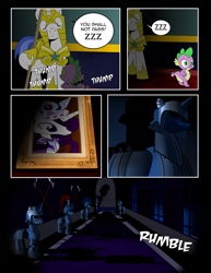 Size: 1275x1650 | Tagged: safe, artist:dsana, princess platinum, spike, dragon, pony, comic:to look after, armor, axe, bust, comic, painting, portrait, royal guard, sleeping, spear, weapon, you had one job, you shall not pass, zzz