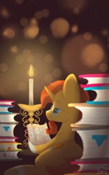 Size: 800x1280 | Tagged: safe, artist:laps-sp, sunburst, pony, unicorn, beard, book, bookmark, candle, facial hair, glasses, lying down, male, on side, reading, solo, stallion, underhoof