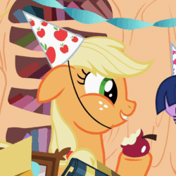 Size: 510x510 | Tagged: safe, derpibooru import, screencap, applejack, spike, twilight sparkle, dragon, earth pony, pony, unicorn, secret of my excess, animated, apple, aweeg*, cropped, cute, eyes closed, female, floppy ears, food, gif, happy, hat, hug, jackabetes, mare, open mouth, party hat, puffy cheeks, smiling, solo focus, spikabetes, surprised