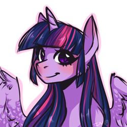 Size: 2000x2000 | Tagged: safe, artist:teeeluh, twilight sparkle, twilight sparkle (alicorn), alicorn, pony, blushing, female, high res, horn, looking at you, simple background, smiling, solo, spread wings, transparent background, wings