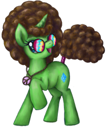 Size: 1574x1880 | Tagged: safe, artist:thebowtieone, oc, oc only, oc:groovy brown, pony, unicorn, afro, female, mare, peace symbol, simple background, solo, sunglasses, tail wrap, transparent background