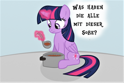 Size: 1024x683 | Tagged: safe, artist:mimicproductions, twilight sparkle, twilight sparkle (alicorn), alicorn, pony, food, german, glowing horn, ladle, levitation, looking down, magic, pot, sauce, sitting, solo, telekinesis, thought bubble, translated in the comments