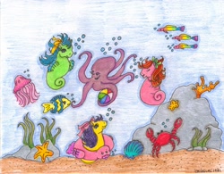 Size: 3236x2528 | Tagged: safe, artist:okiegurl1981, crab, fish, jellyfish, sea pony, g1, beach ball, bubble, coral, starfish, traditional art, underwater