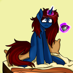 Size: 1000x1000 | Tagged: safe, artist:tokyone-chan, oc, oc only, oc:fateful melody, pony, unicorn, bed, coffee, magic, messy mane, solo, telekinesis