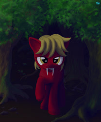 Size: 667x800 | Tagged: safe, artist:quint-t-w, oc, oc only, oc:papercut, original species, fangs, forest, looking at you, sabertooth pony, sharp teeth, smirk, solo, teeth, unshorn fetlocks