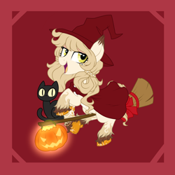 Size: 2500x2500 | Tagged: safe, artist:azure-art-wave, oc, oc only, cat, earth pony, pony, black cat, bow, broom, female, flying, flying broomstick, jack-o-lantern, mare, pumpkin, unshorn fetlocks, witch