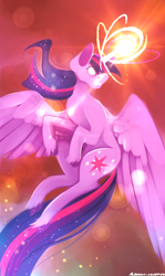 Size: 1180x1984 | Tagged: safe, artist:polkadot-creeper, twilight sparkle, twilight sparkle (alicorn), alicorn, pony, twilight's kingdom, glowing eyes, glowing horn, lens flare, solo, spread wings, super saiyan princess