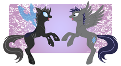 Size: 1600x869 | Tagged: safe, artist:gracewolf, oc, oc only, oc:crucible, changeling, pegasus, pony, changeling oc, female, rearing, reflection, self ponidox, smiling, underhoof