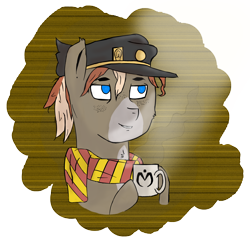 Size: 2100x2087 | Tagged: safe, artist:1101001, oc, oc only, oc:ciel l'etranger, almost jojo, coffee, colt, male, morning, simple background, solo