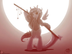 Size: 840x630 | Tagged: safe, artist:skyheavens, oc, oc only, oc:star seeker, pony, bipedal, floating wings, moon, scythe, solo, stars, sweatshirt, weapon