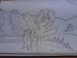 Size: 1280x960 | Tagged: safe, artist:luriel maelstrom, oc, oc only, oc:krylone, pony, unicorn, lineart, monochrome, mountain, solo, traditional art