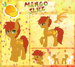Size: 1280x1138 | Tagged: safe, artist:pastel-pony-princess, oc, oc only, oc:mango slice, bat pony, pony, food, mango, reference sheet, shy, smolpone