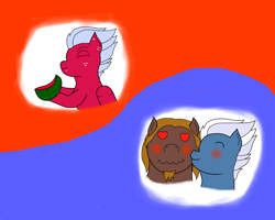 Size: 1280x1024 | Tagged: safe, anonymous artist, night glider, oc, oc:mellow rhythm, oc:melon frost, pegasus, pony, canon x oc, food, kissing, male, shipping, straight, watermelon