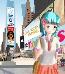 Size: 1400x1600 | Tagged: safe, artist:linlaifeng, coco pommel, human, apple (company), billboard, bmw, bmw i8, car, city, clothes, humanized, manehattan, my little pony logo, people, samsung, skirt, solo, sony, times square, toys r us