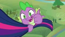 Size: 1920x1090 | Tagged: safe, screencap, spike, twilight sparkle, twilight sparkle (alicorn), alicorn, dragon, pony, the cutie re-mark, hanging, solo focus, thumbs up