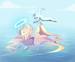 Size: 2935x2447 | Tagged: safe, artist:pon-ee, oc, oc only, oc:charmaine, bird, albatross, eyes closed, halo, solo, water