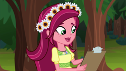 Size: 1280x720 | Tagged: safe, screencap, gloriosa daisy, equestria girls, legend of everfree, clipboard, magical geodes, solo