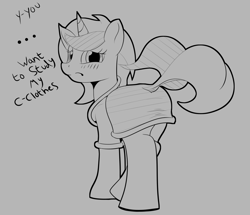 Size: 1438x1239 | Tagged: safe, artist:chrisgotjar, oc, oc only, oc:dewdrop, pony, unicorn, blushing, clothes, cute, looking at you, monochrome, ocbetes, plot, skirt, solo