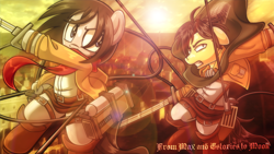 Size: 1920x1080 | Tagged: safe, artist:estories, pony, attack on titan, clothes, female, levi ackerman, male, mare, mikasa ackerman, ponified, rope, stallion, sun, sword, weapon