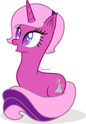 Size: 1024x1484 | Tagged: safe, artist:illumnious, oc, oc only, oc:flares midnight, pony, unicorn, amputee, cutie mark, female, grin, legless, limbless, missing limb, no hooves, quadruple amputee, simple background, sitting, smiling, solo, stump, transparent background, vector