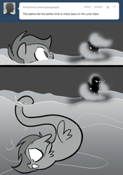 Size: 666x950 | Tagged: safe, artist:egophiliac, nightmare moon, oc, oc only, oc:danger mcsteele, sea pony, ask, dark woona, filly, monochrome, moonstuck, neo noir, nightmare woon, partial color, tumblr, walking on water