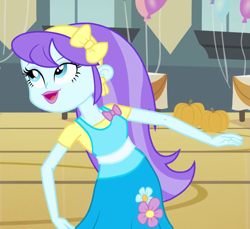 Size: 783x718 | Tagged: safe, screencap, aqua blossom, equestria girls, balloon, cropped, flower, pumpkin, solo, table