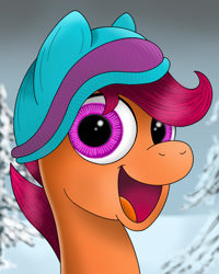 Size: 1080x1350 | Tagged: safe, artist:steam-loco, scootaloo, hat, open mouth, snow, solo, winter