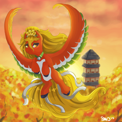 Size: 3000x3000 | Tagged: safe, artist:bean-sprouts, pegasus, pony, bell, flying, ho-oh, pokémon, ponified, sky, solo, spread wings, tin tower, unshorn fetlocks