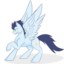 Size: 3000x3000 | Tagged: safe, artist:toptian, soarin', pegasus, pony, old cutie mark, raised hoof, simple background, smirk, solo, spread wings, wings