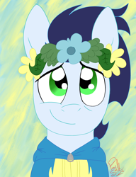 Size: 1536x2000 | Tagged: safe, artist:hufflepuffrave, soarin', pony, cute, floral head wreath, flower, smiling, soarinbetes, solo