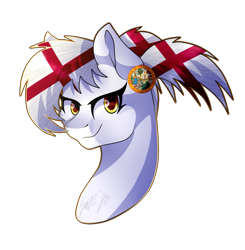 Size: 1441x1468 | Tagged: safe, artist:windblade2313, oc, oc only, oc:florida, pony, seal, bust, commission, female, florida, golden eyes, looking at you, mare, nation ponies, ponified, ponytail, portrait, smiling, solo, state pony, vanillaswirl6's state ponies