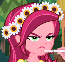 Size: 807x778 | Tagged: safe, edit, edited screencap, screencap, gloriosa daisy, equestria girls, legend of everfree, female, freckles, frown, pregnancy test, pregnancy test meme, solo