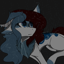 Size: 2560x2560 | Tagged: safe, artist:brokensilence, oc, oc only, oc:mira songheart, draconequus, chest fluff, cute, depressing, draconequified, horns, rain, rain drops, solo, species swap