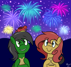 Size: 1280x1200 | Tagged: safe, artist:hummingway, oc, oc only, oc:feather hummingway, oc:pan pare, bird, duo, fireworks, food