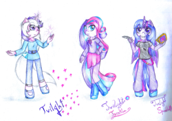 Size: 1023x723 | Tagged: safe, artist:lillyflover, twilight, twilight sparkle, twilight sparkle (alicorn), twilight twinkle, alicorn, anthro, unguligrade anthro, g1, g3, square crossover, traditional art