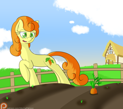 Size: 1800x1600 | Tagged: safe, artist:mechanized515, carrot top, golden harvest, background pony, carrot, farm, food, patreon, patreon logo, redraw, solo