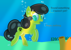 Size: 2700x1900 | Tagged: safe, artist:bladedragoon7575, oc, oc only, oc:fume hood, object pony, original species, pony, clothes, diving, hazmat suit, latex, latex pony, latex suit, living clothes, living object, living suit, ponified, rubber, scuba, shiny, suit, translucent, underwater